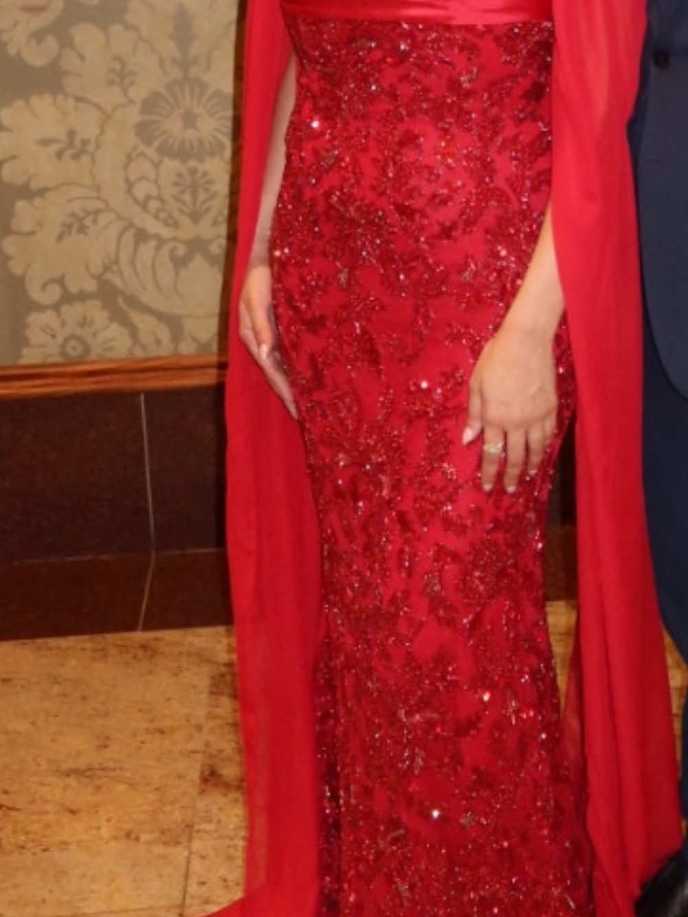 Sherri Hill Red Beaded Maxi Gown with Cape